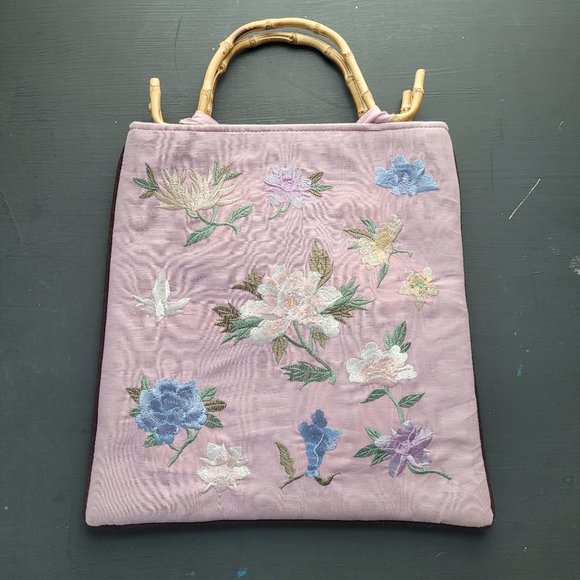 Vintage Bamboo Handled Floral Embroidered Bag - Picture 1 of 11